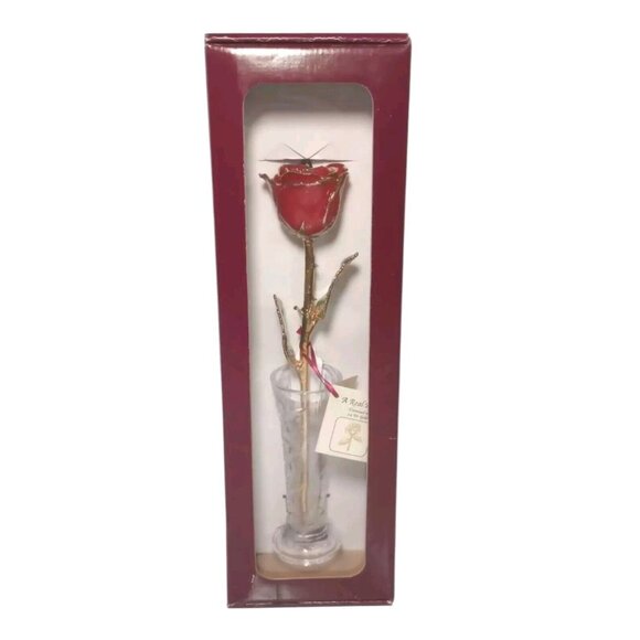 24k Gold Trim Red Rose & Small Bud Vase Set Lacquer Dipped - Picture 8 of 9